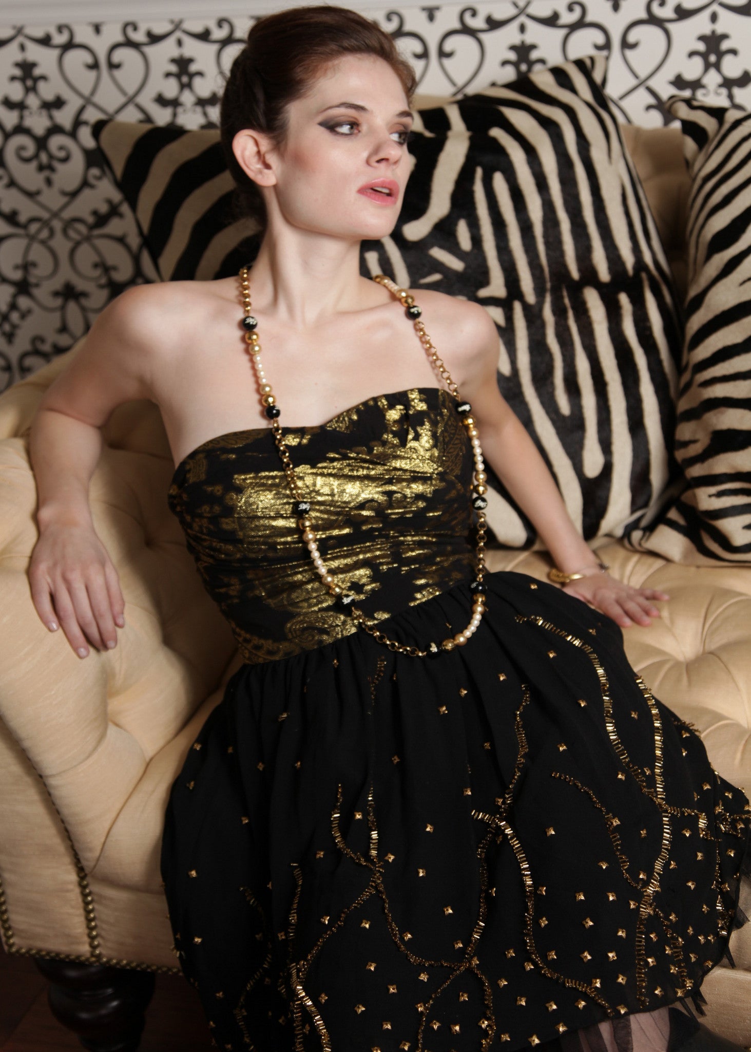 black and gold cocktail dress